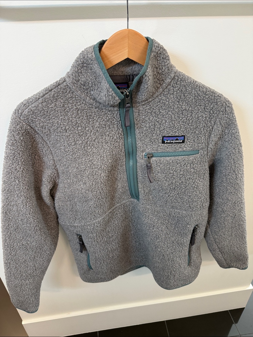 Patagonia women’s Grey Fleece Half-Zip Pullover with Teal Trim